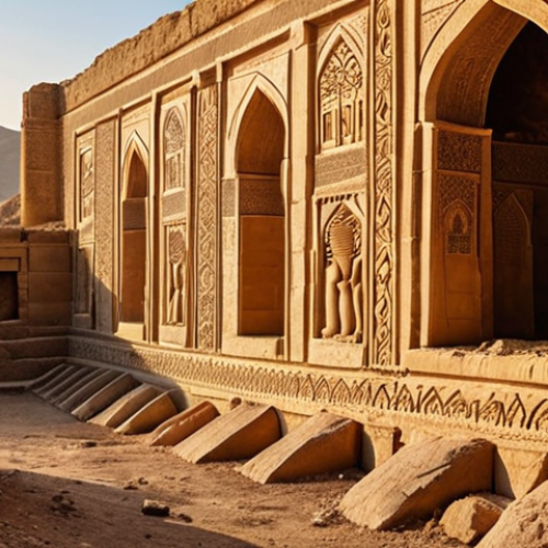 Home 4 **
"Grand Sasanian palace ruins in Iran, showcasing intricate stone carvings and massive scale, with a backdrop of the Iranian landscape. Golden hour lighting."
**