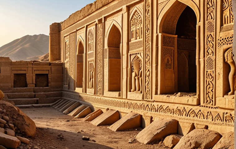 **
"Grand Sasanian palace ruins in Iran, showcasing intricate stone carvings and massive scale, with a backdrop of the Iranian landscape. Golden hour lighting."
**