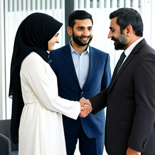 A professional Iranian man in a modest business suit shaking hands with another professional Iranian man, while a professional Iranian woman in a modest hijab and elegant professional dress politely nods with a hand over her chest, in a well-lit, modern office reception area. The scene captures the cultural nuances of first greetings and polite interactions. All subjects are fully clothed, appropriate attire, safe for work, perfect anatomy, correct proportions, natural pose, well-formed hands, proper finger count, natural body proportions, professional photography, high quality, family-friendly.