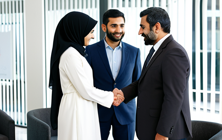 A professional Iranian man in a modest business suit shaking hands with another professional Iranian man, while a professional Iranian woman in a modest hijab and elegant professional dress politely nods with a hand over her chest, in a well-lit, modern office reception area. The scene captures the cultural nuances of first greetings and polite interactions. All subjects are fully clothed, appropriate attire, safe for work, perfect anatomy, correct proportions, natural pose, well-formed hands, proper finger count, natural body proportions, professional photography, high quality, family-friendly.