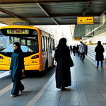 **

"A bustling Iranian street scene during the day. People are entering and exiting a modern metro station with signage in Persian. A fully clothed woman in modest, loose-fitting clothing and a hijab walks past a clearly marked bus stop with route information displayed. Yellow taxis are visible in the background. Safe for work, appropriate content, professional setting, perfect anatomy, natural proportions, fully clothed, modest attire, family-friendly."

**