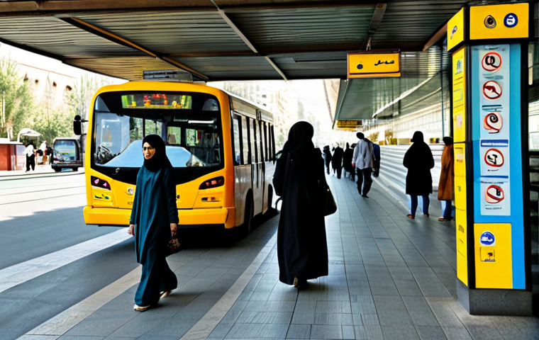 **
"A bustling Iranian street scene during the day. People are entering and exiting a modern metro station with signage in Persian. A fully clothed woman in modest, loose-fitting clothing and a hijab walks past a clearly marked bus stop with route information displayed. Yellow taxis are visible in the background. Safe for work, appropriate content, professional setting, perfect anatomy, natural proportions, fully clothed, modest attire, family-friendly."
**