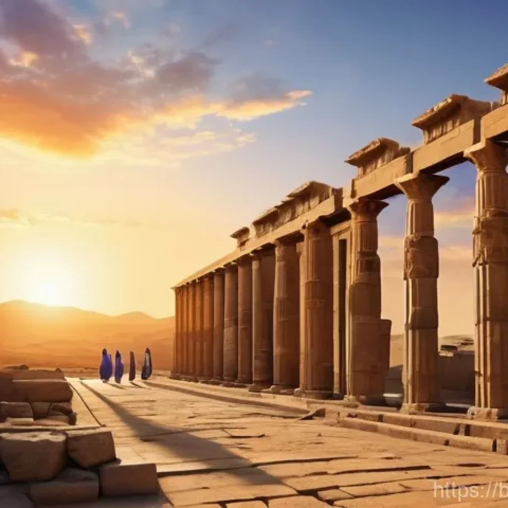 이란의 아케메네스 왕조 유적 - **Prompt:** "A majestic wide shot capturing the ancient Persian capital of Persepolis at a breathtak...