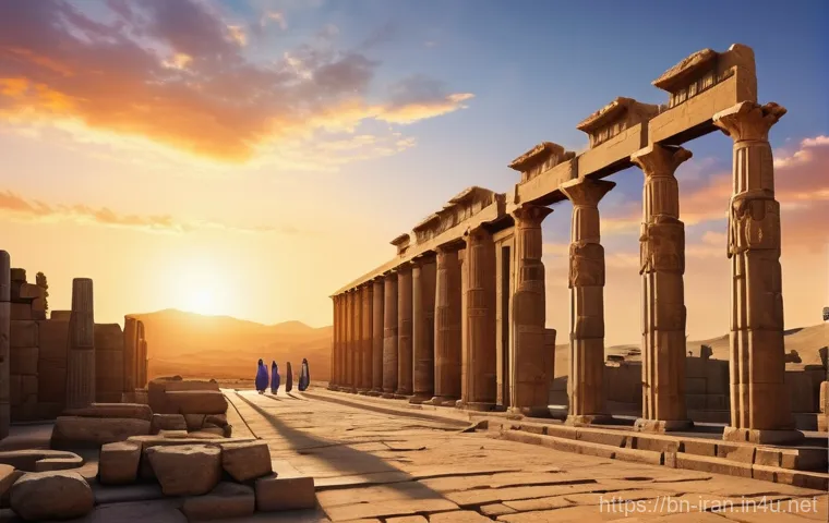 이란의 아케메네스 왕조 유적 - **Prompt:** "A majestic wide shot capturing the ancient Persian capital of Persepolis at a breathtak...