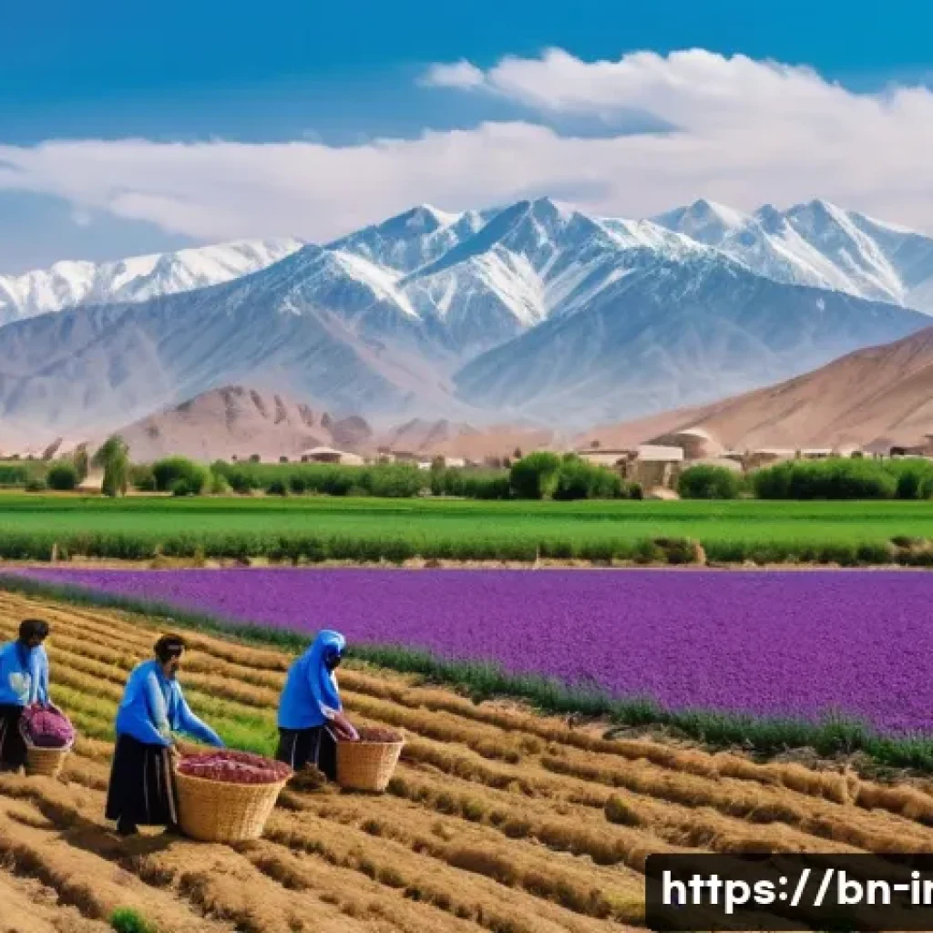 이란에서의 비즈니스 기회 - A picturesque, wide shot of a modern saffron farm in a sun-drenched valley in rural Iran. The field ...