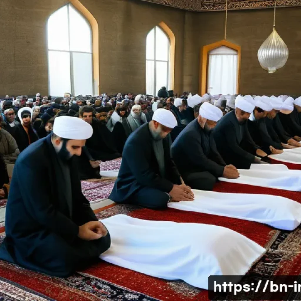 이란의 장례 절차 - A solemn Iranian funeral scene in Tehran depicting the preparation of the deceased’s body wrapped in...