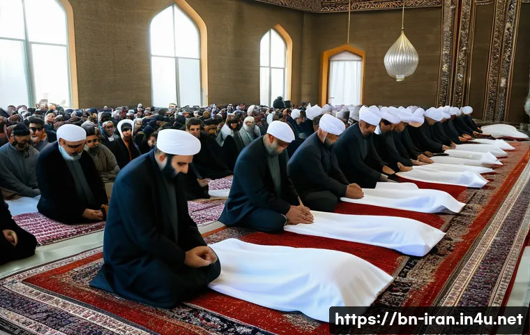 이란의 장례 절차 - A solemn Iranian funeral scene in Tehran depicting the preparation of the deceased’s body wrapped in...