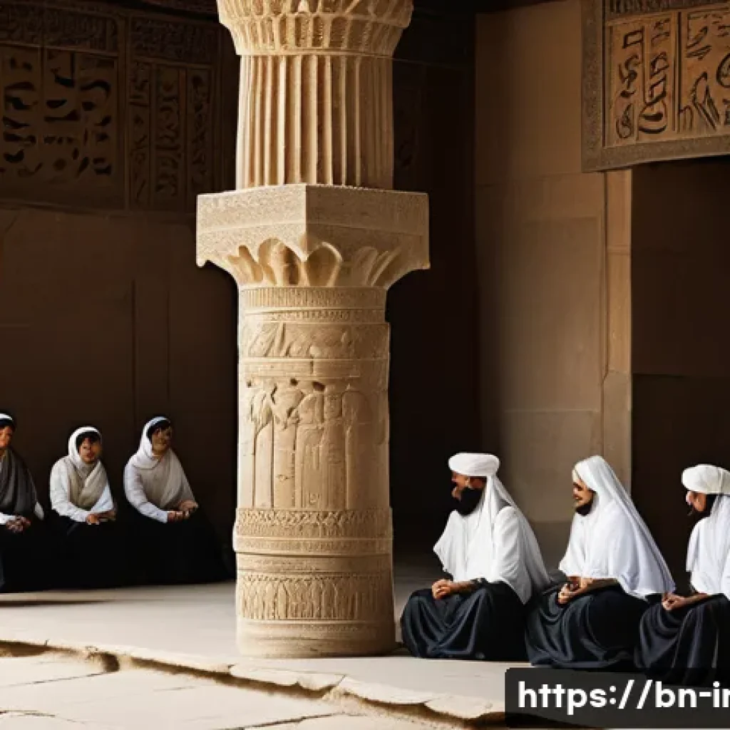 이란의 고등교육 역사 - An ancient Persian classroom scene inside Persepolis, featuring a group of Bengali students wearing ...