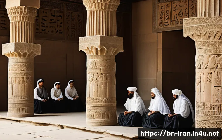 이란의 고등교육 역사 - An ancient Persian classroom scene inside Persepolis, featuring a group of Bengali students wearing ...