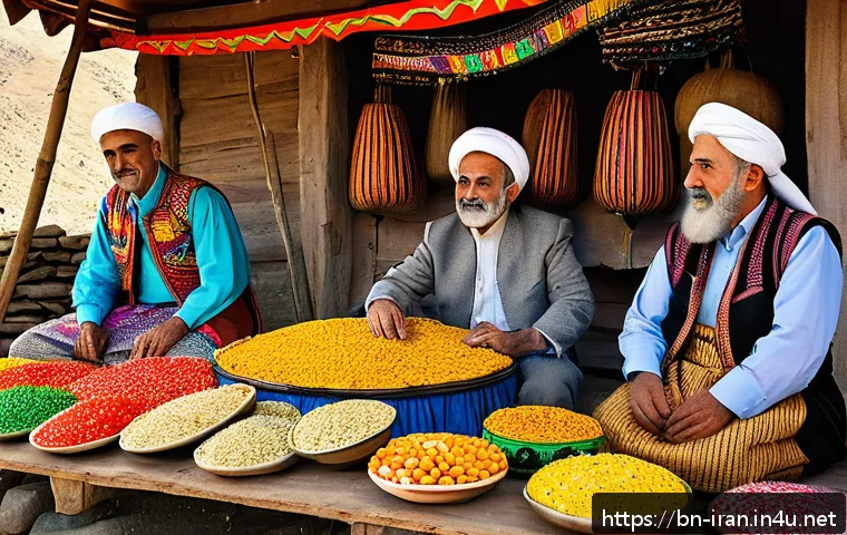 이란 방언과 지역별 차이 - A vibrant and detailed scene depicting a traditional Iranian cultural festival in a rural mountainou...