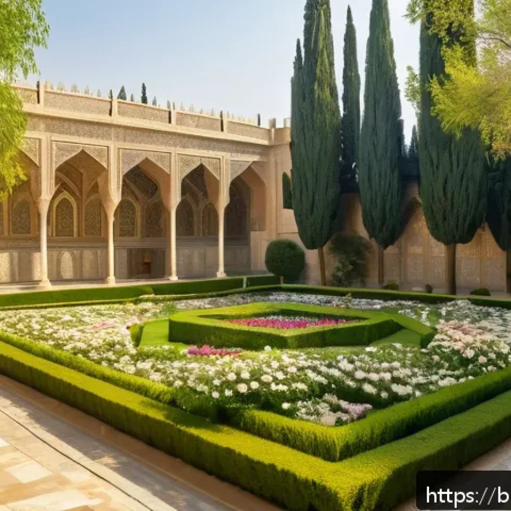 이란 시라즈의 하피즈 무덤 - A serene and historic garden surrounding the tomb of the Persian poet Hafez in Shiraz city, featurin...