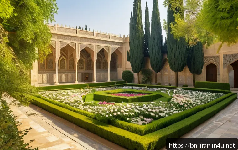 이란 시라즈의 하피즈 무덤 - A serene and historic garden surrounding the tomb of the Persian poet Hafez in Shiraz city, featurin...