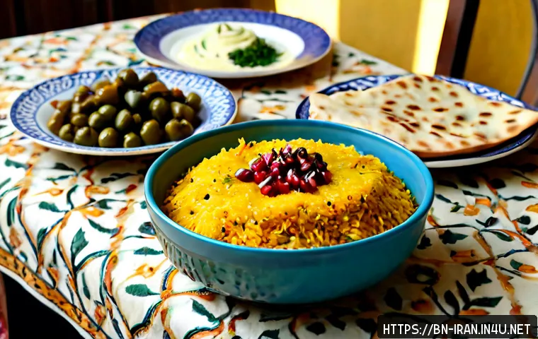 이란 음식 문화 - Photorealistic Iranian family-style dining table featuring saffron basmati rice with a golden tahdig...