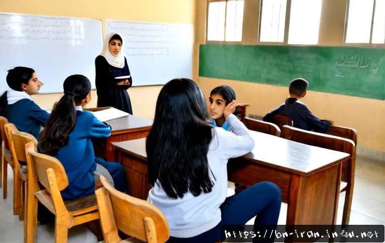 이란의 교육 시스템 - Photorealistic Iranian secondary school classroom, diverse teenage students wearing modest everyday ...